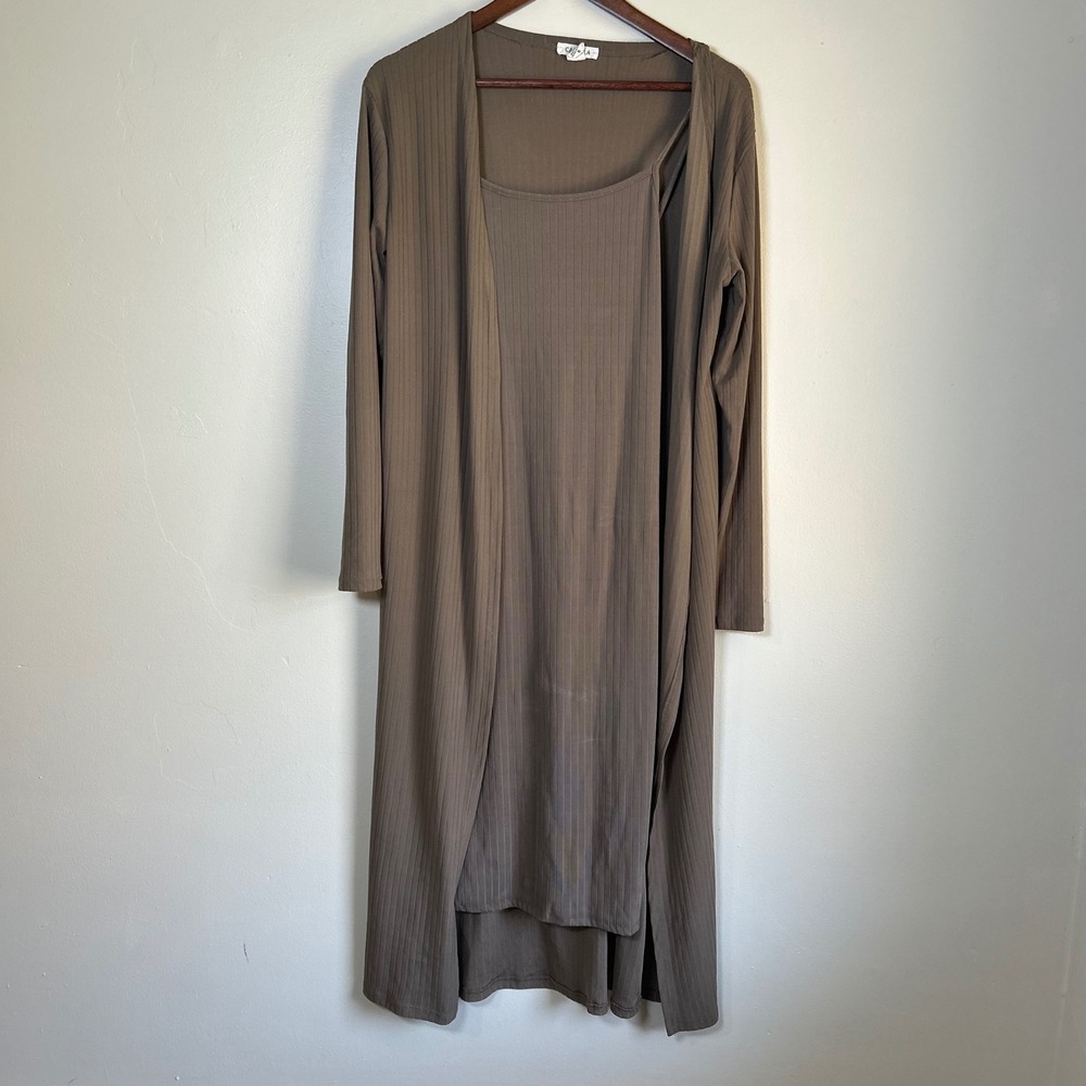 EUC Capella Dress Set‎ Ribbed Knit Midi & Cardigan Size S Taupe 2 Piece BTD3742